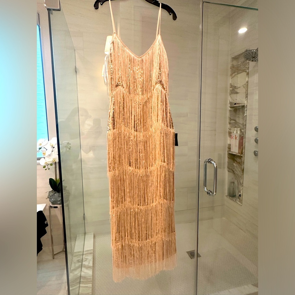NWT -Lulus Shiny Rose Gold/Beige sequined/fringe dress. Size Medium